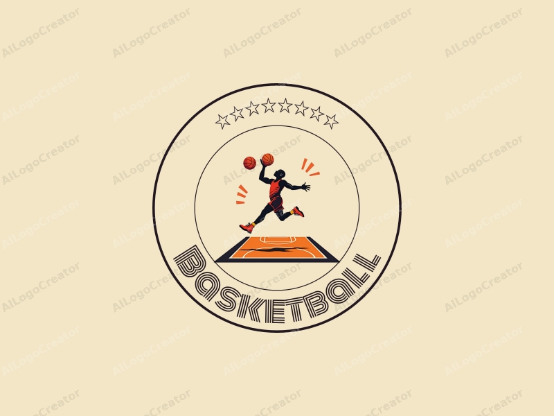 playful design features a dynamic athlete leaping with a basketball, set against a stylized basketball court, incorporating vibrant orange tones and a clean background.