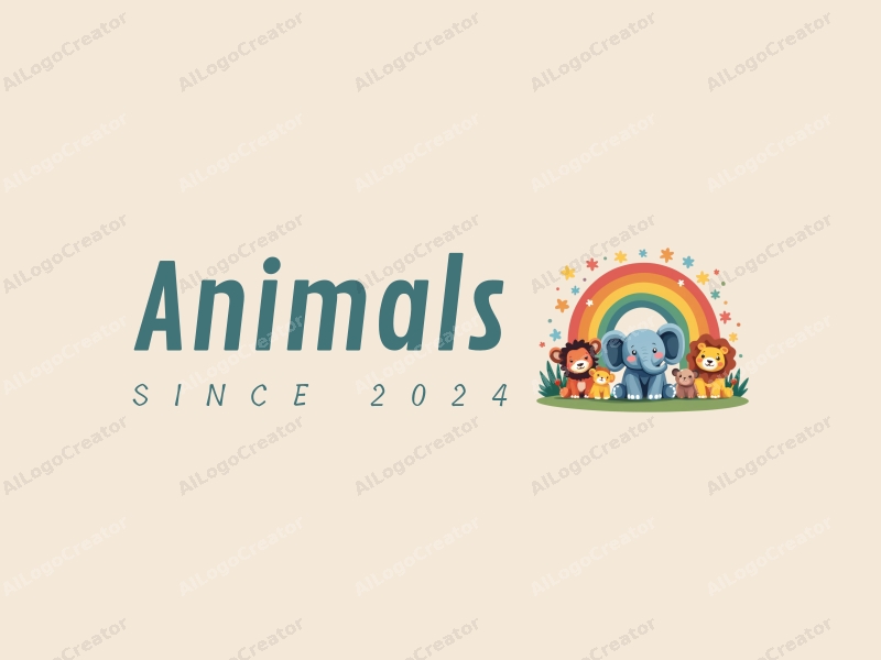 playful design features a small elephant under a vibrant rainbow, surrounded by various wild animals, using a colorful palette and a clean background.