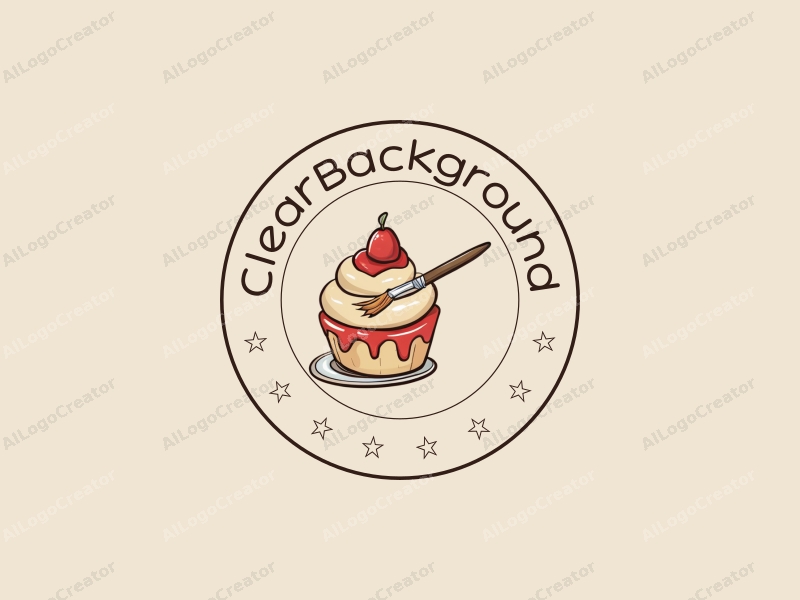 minimalist design features a stylized cake, a paintbrush elegantly intertwined with dessert elements, combined with a clean and transparent background.