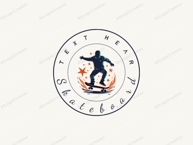 ein Spielerisches Design, das ein lebendiges Skateboard-Silhouetten mit dynamischen Sternenelementen zeigt, kombiniert mit einem sauberen Hintergrund für ein spaßiges und energetisches Gefühl.