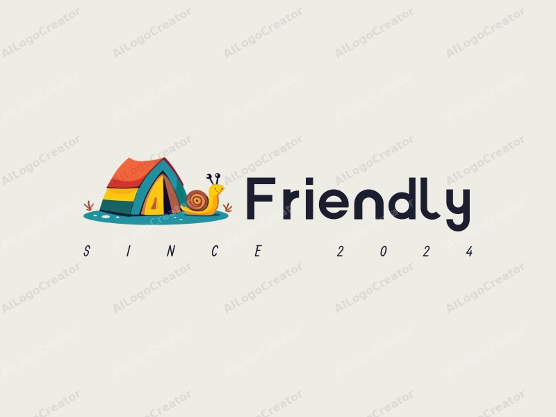 playful design features a friendly snail and a colorful tent, combined with a whimsical approach and a clean background.