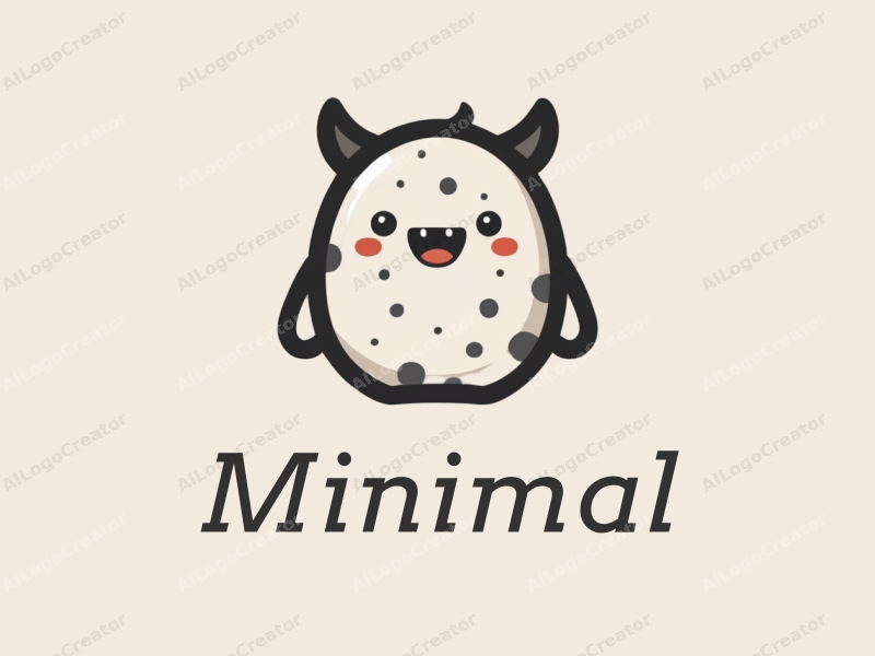 a minimalist design featuring a cute monster character, utilizing a tag style with simple lines and shapes, set against a clean background in white, black, and gray colors.