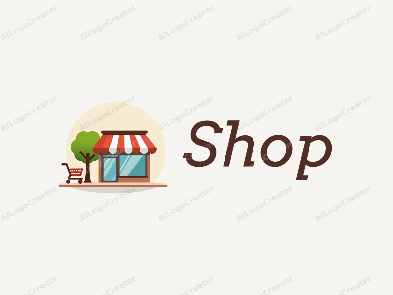 a modern design featuring a stylized shopfront, a tree integrated into the scene, and a shopping cart, combined with a clean background.