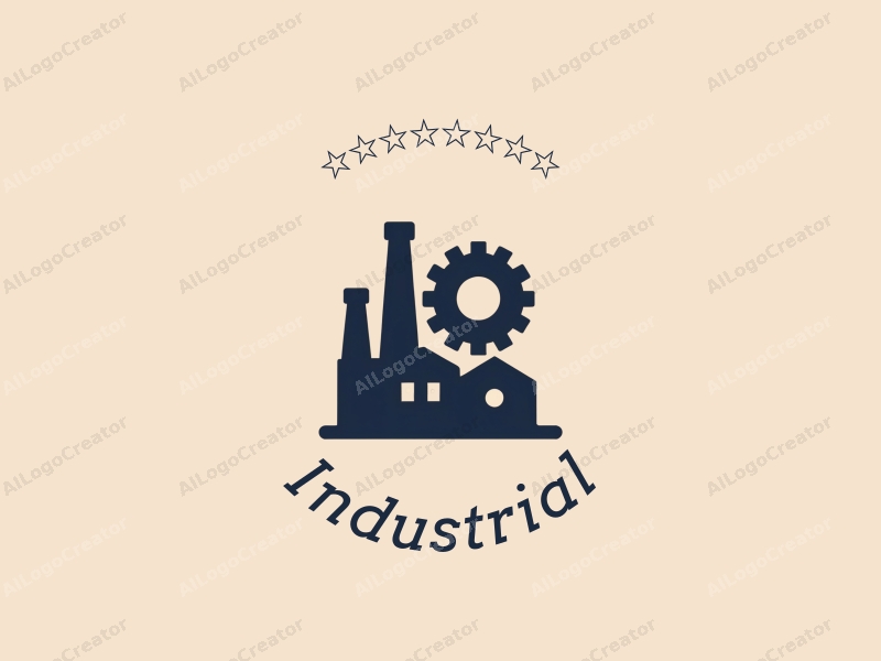 modern design features a stylized factory silhouette, interlocking gears, and saw blades, combined with a clean background and a harmonious composition.