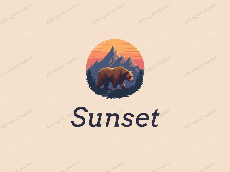 vintage design features a stylized brown bear in front of majestic mountains during a sunset, with a harmonious blend of orange and purple hues in the sky, creating a serene and artistic atmosphere.