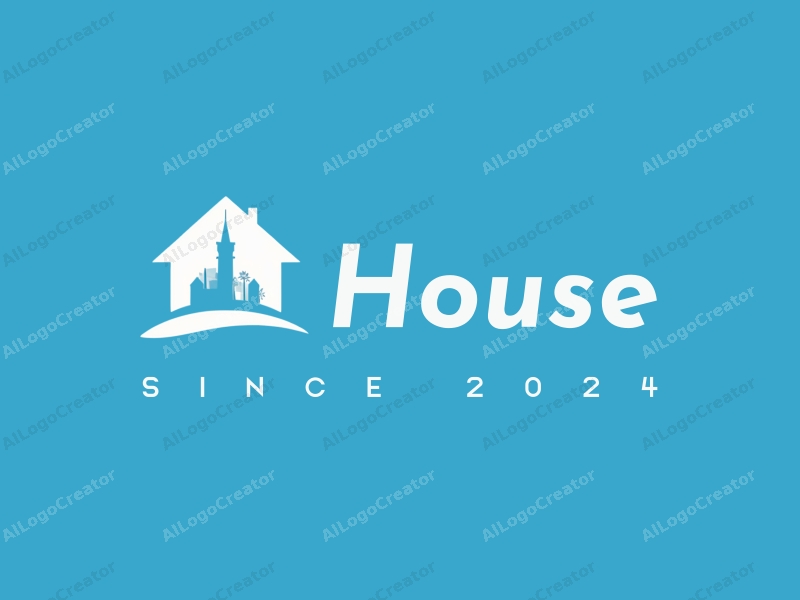 modern design features a stylized house and tower silhouette, combined with a clean blue background and a minimalist approach.