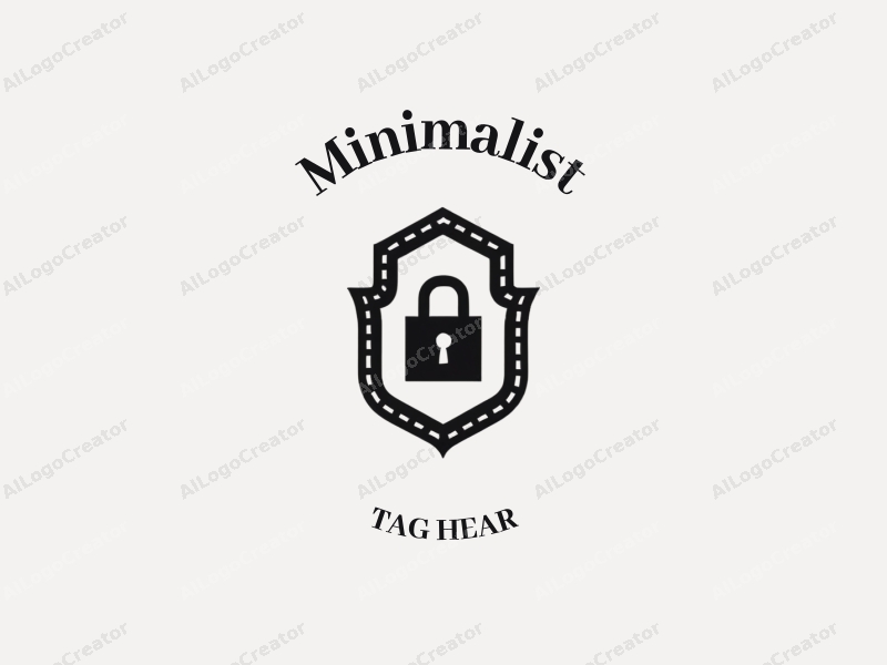 minimalist design features a stylized shield and lock, combined with clean lines and a tag style approach, set against a simple black and white background.