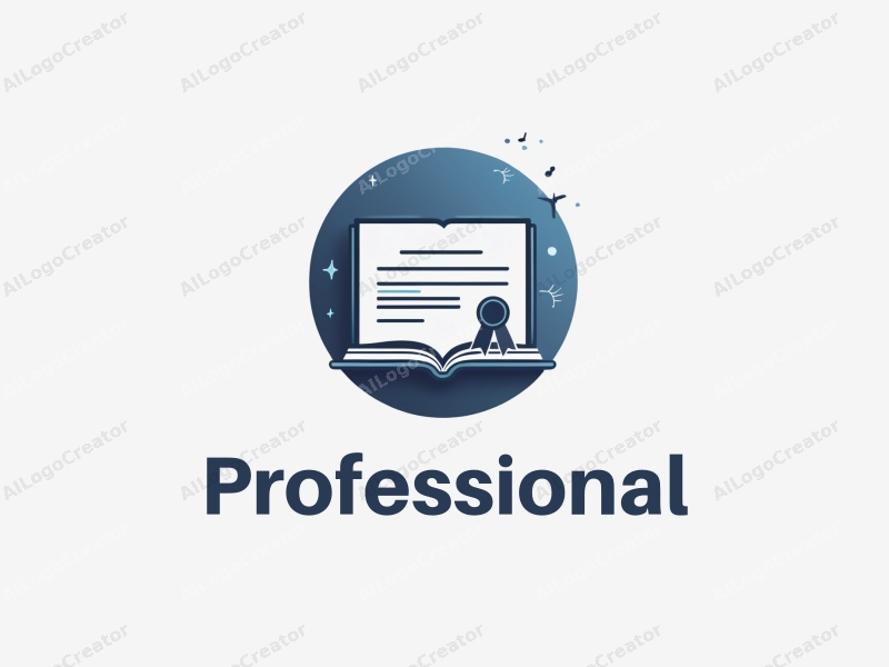 modern design features a stylized book and certificate, representing professionalism and certification, combined with a clean background in blue and gray tones.