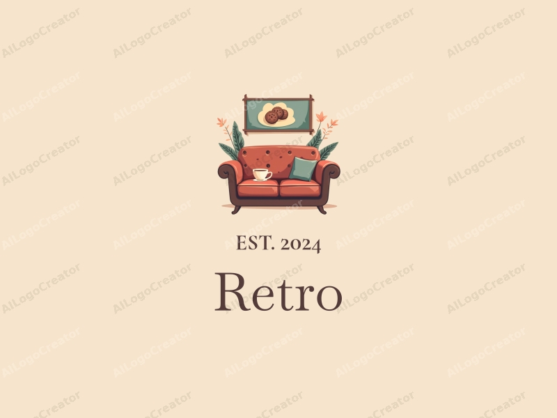 vintage design features a retro sofa and a retro poster, combined with cookies and a cup, set against a clean background.