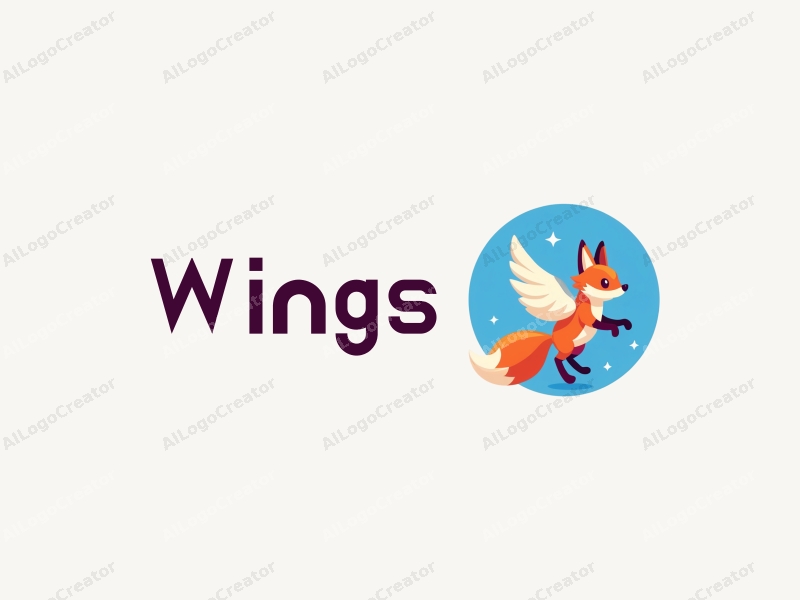 playful design features a stylized fox with wings, soaring through the sky, incorporating a vibrant blue color palette, combined with a clean and simple background.