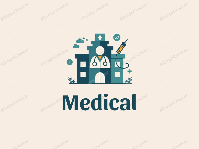 modern design features a stylized hospital silhouette, a doctor figure, a stethoscope, and a syringe, combined with a clean background.