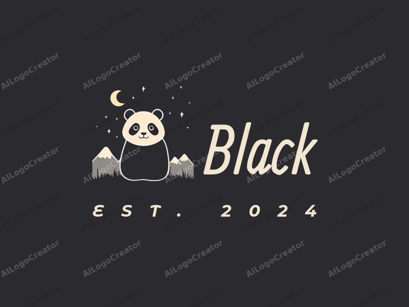 minimalist design features a stylized panda silhouette against a starry night background, incorporating a clean and simple composition with a focus on black tones.