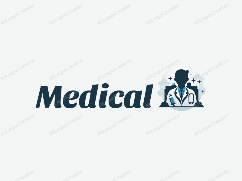 modern design features a stylized hospital silhouette, a doctor figure, a stethoscope, and a syringe, combined with a clean background.