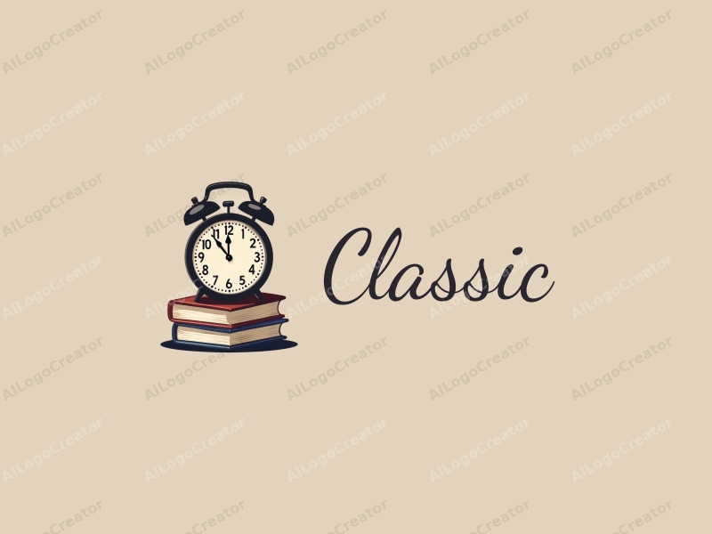 vintage design features a classic clock and stacked books, combined with a harmonious layout and a clean background.