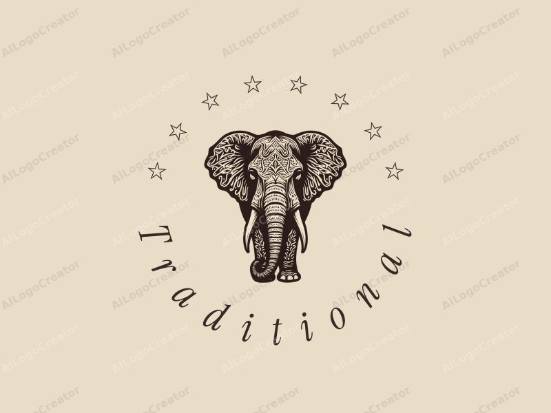 vintage design features a stylized elephant intertwined with floral elements, using a brown and beige color palette, combined with a clean background.