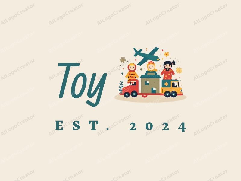 playful design features colorful dolls and puzzles, stylized airplanes and trucks, combined with a clean background.