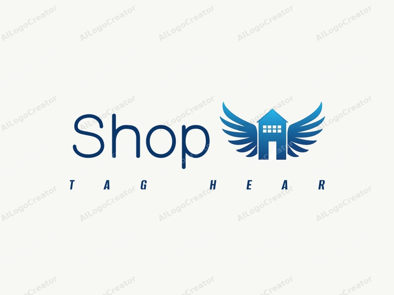 a modern design featuring a stylized shop with wings integrated into the architecture, using a blue color palette, combined with a clean and simple background.