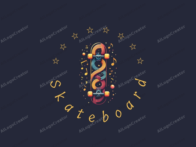 playful design features a vibrant skateboard intertwined with musical notes, creating a dynamic and energetic composition combined with a clean background.