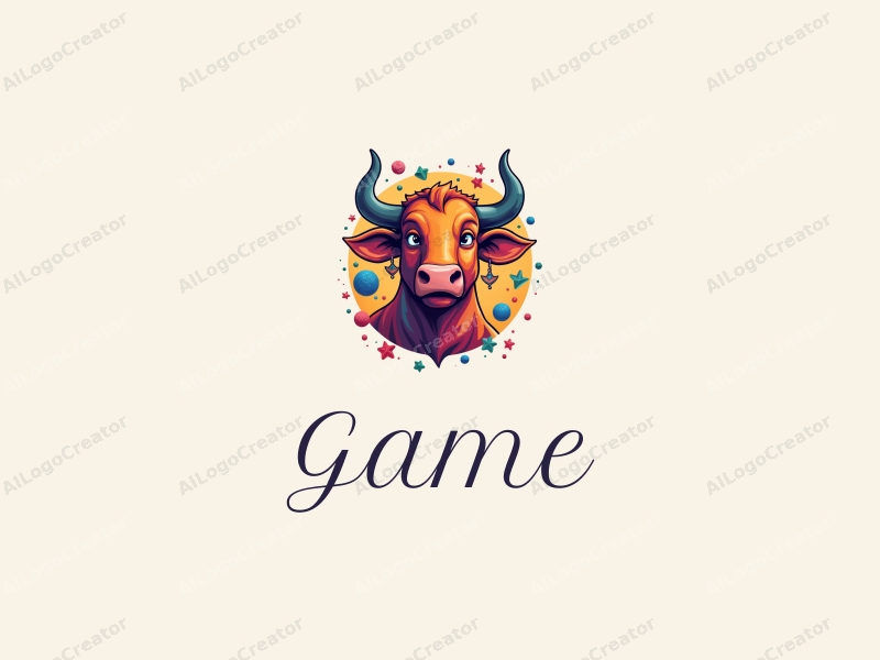 playful design features a vibrant bull with earrings, surrounded by playful game and toy elements, combined with a clean background.