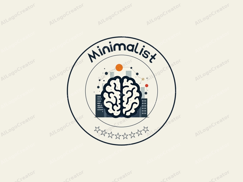 minimalist design features a stylized brain intertwined with abstract charts, set against a clean background of office buildings, utilizing a modern and simple design approach.