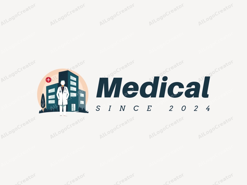 modern design features a stylized hospital silhouette, a doctor figure, a stethoscope, and a syringe, combined with a clean background.