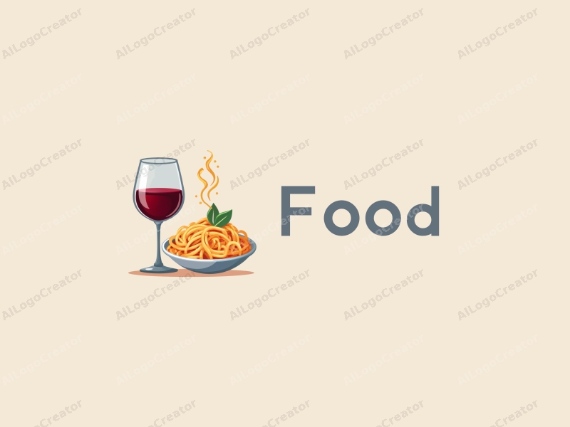 a modern design featuring vibrant colors, a stylized representation of pasta and a glass of red wine, combined with a clean and harmonious background.