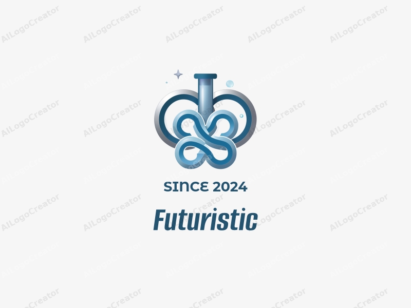 a modern minimalist design featuring stylized waves and test tubes, incorporating a futuristic and innovative approach with a clean silver and blue background.