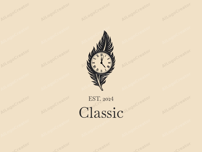 vintage design features a stylized feather intertwined with a classic clock, using dark and neutral colors, combined with a clean background for a timeless and elegant look.