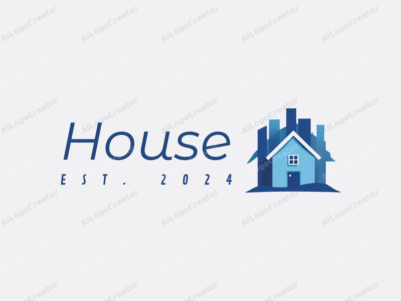 modern design features a stylized blue house and building silhouette, combined with a clean background and a minimalist approach.