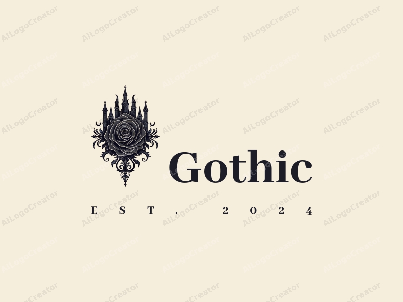 Gothic design features intricate Gothic architecture, stylized Gothic fashion elements, a black rose intertwined with spires, combined with a clean background.