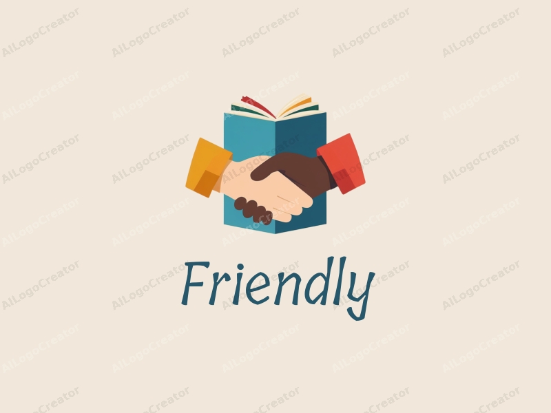 playful design features a stylized book and a handshake, combined with a clean background, emphasizing friendship and community in an educational and social context.