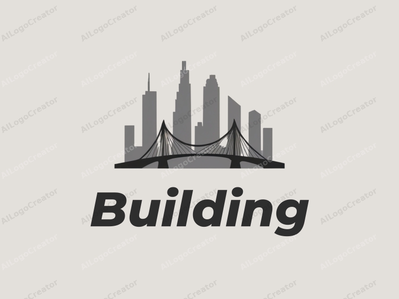 minimalist design features sleek buildings and towers, a stylized bridge silhouette, and a modern design approach combined with a clean gray background.