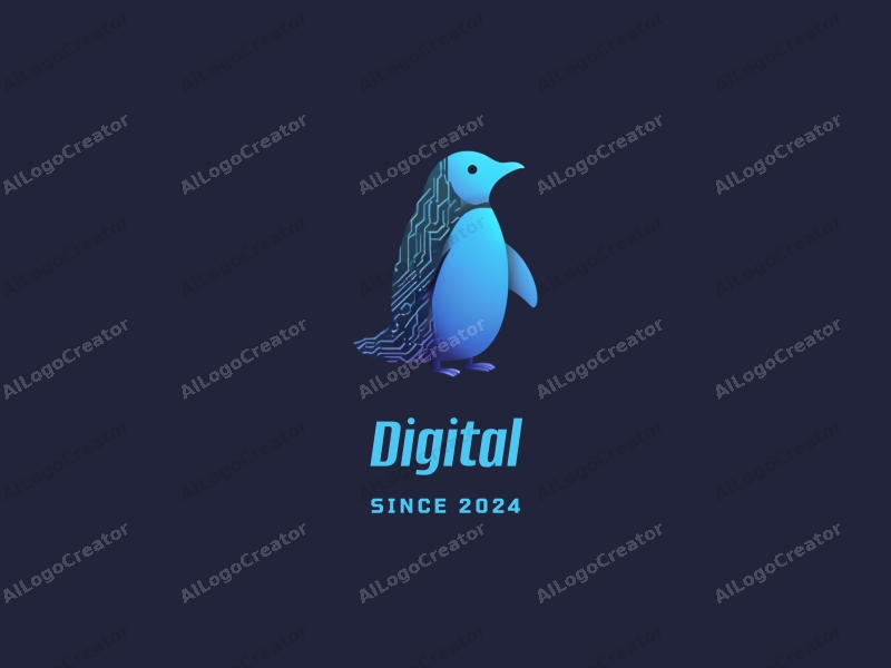 a modern minimalist design featuring a stylized penguin integrated with circuit patterns, using blue and black colors, creating a clean and harmonious composition.