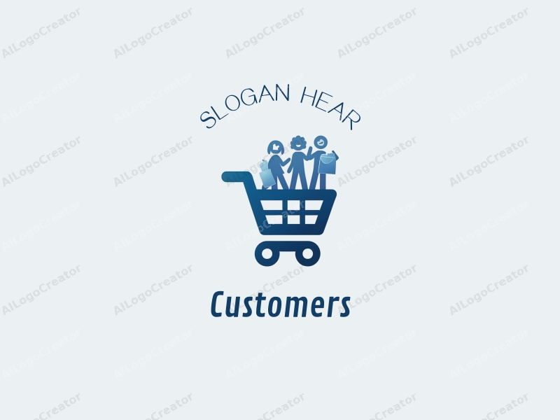 a modern design featuring a stylized shopping cart filled with products, accompanied by abstract representations of customers and shoppers, utilizing a clean and simple composition with a blue color palette.