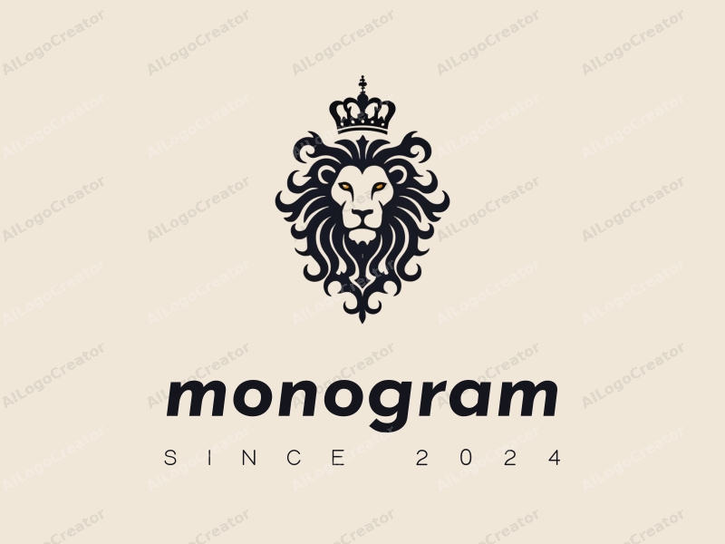 a modern design featuring stylized letters intertwined with a lion and crown, emphasizing elegance and strength, combined with a clean background.