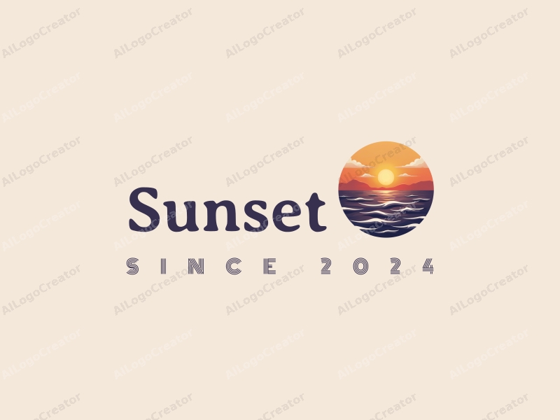 a serene design featuring a sunset over the ocean, with gentle waves lapping at the shore, incorporating a natural and romantic style with a harmonious blend of orange, purple, and golden hues against a clean background.