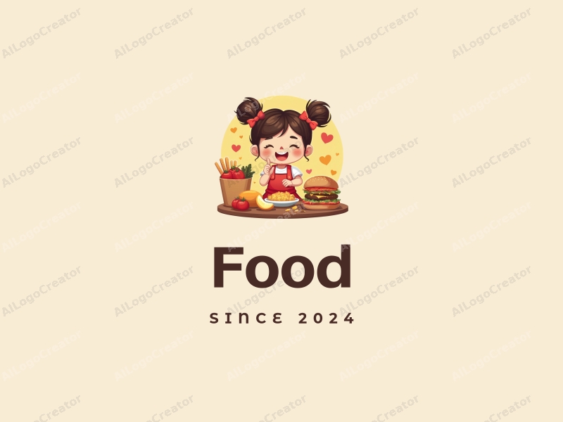 a modern design featuring a cute little girl joyfully interacting with a variety of delicious foods, using rich colors to create a vibrant and inviting atmosphere, with a clean and harmonious composition.