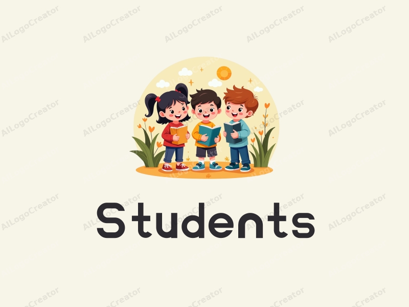 playful design features vibrant colors, stylized children and books, combined with a cheerful school environment and a clean background.