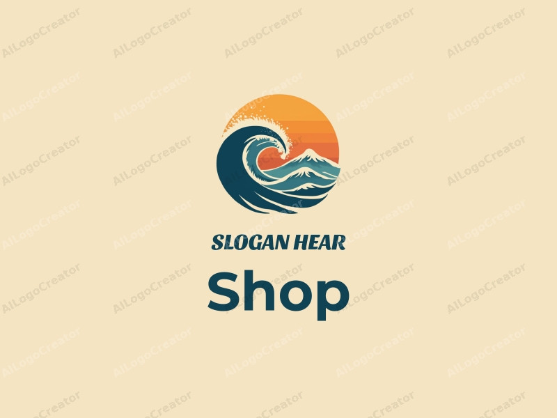 a modern design featuring a stylized shop silhouette, waves gently rolling in, and a sunset in the background, combined with a clean and simple layout.