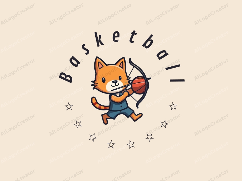 playful design features a stylized cat archer shooting a basketball, with dynamic lines and a clean background.