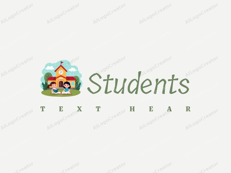 playful design features cheerful students, a stylized school building, open books, and a classroom setting combined with a vibrant and colorful background.