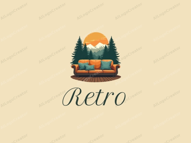 vintage design features a retro sofa and a retro poster, set against a backdrop of a forest and deck, combined with a clean and harmonious composition.