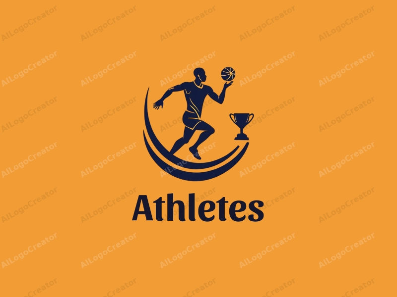 modern design features a dynamic athlete in motion, a stylized basketball, and a trophy, combined with a clean background and a harmonious composition.