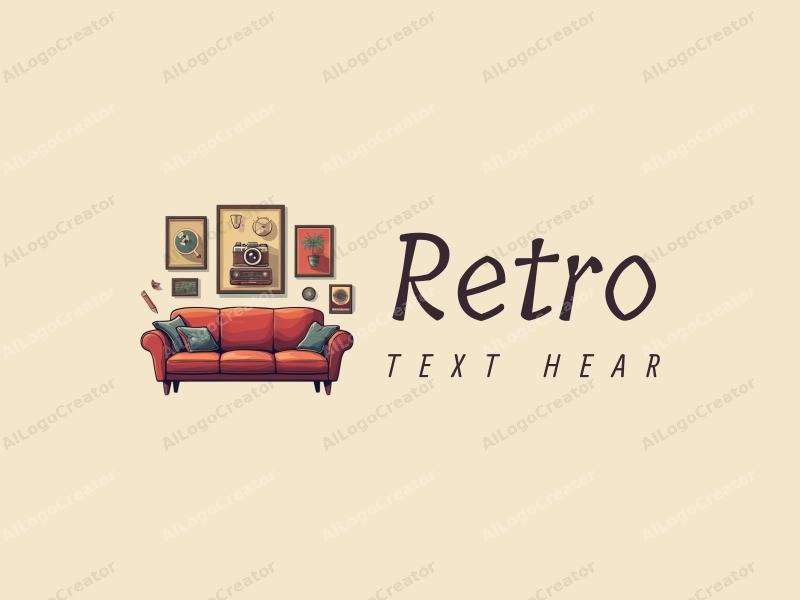 vintage design features a retro sofa, a nostalgic camera, and a vintage pencil, combined with retro posters, all set against a clean background.