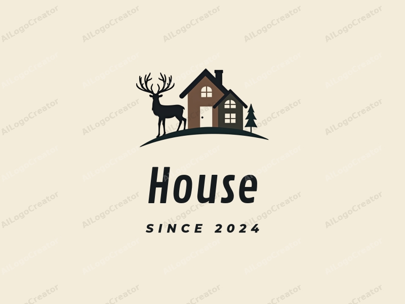 modern design features a stylized house and building, integrated with a reindeer and land elements, combined with a clean background.