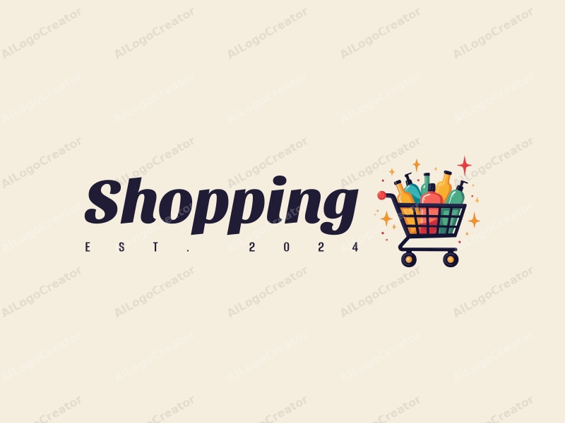 a modern design featuring a colorful shopping cart filled with various products, set against a stylized mall background, emphasizing simplicity and harmony in composition.