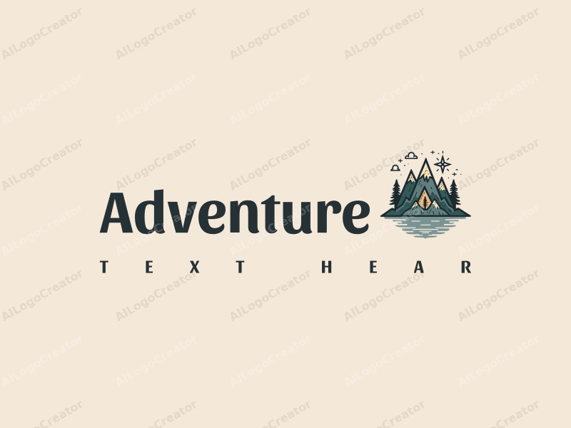 playful design features stylized mountains and a compass, combined with adventure elements, set against a clean background.