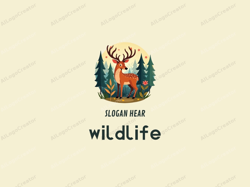 playful design features a stylized deer amidst a vibrant forest, incorporating elements of wildlife and nature, with a clean background and harmonious composition.