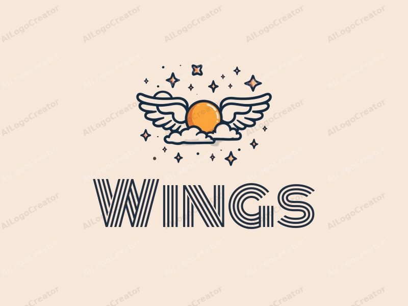 playful design features stylized wings and a flying motif, surrounded by clouds and stars, combined with a clean background.