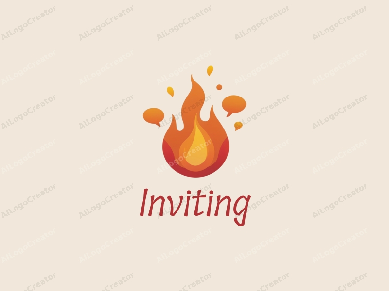 playful design features a stylized flame intertwined with speech bubbles, representing invitation and welcome, combined with warm tones and a clean background.